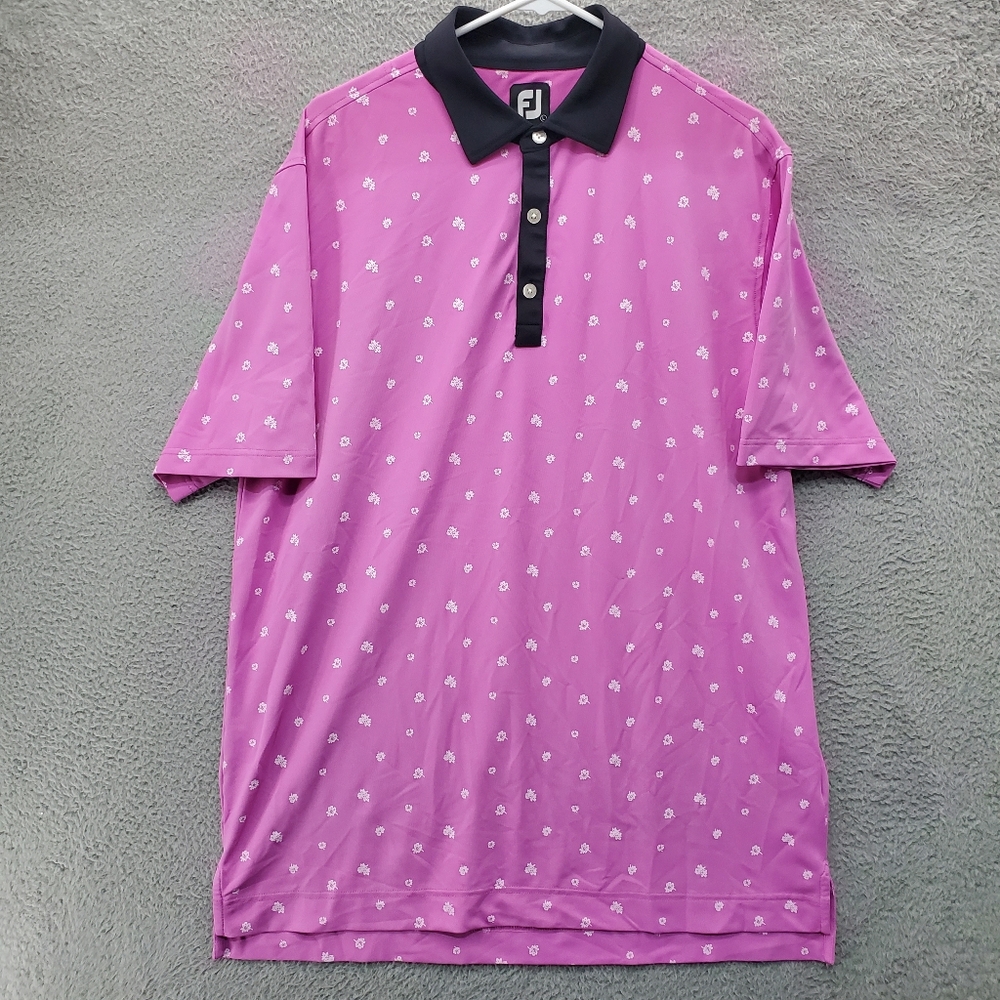 FootJoy Golf Polo Shirt Mens Large Scattered Floral Stretch Pique Orchid/Black